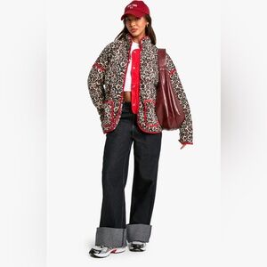 Boohoo Petite Floral Utility Jacket with Red Trim